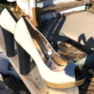Platform Peep-toe Heels White, Black, and Gold
